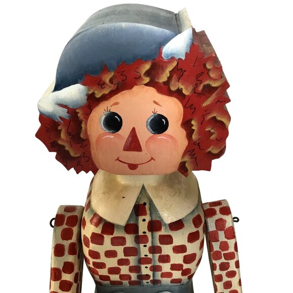 VTG Hand Painted Wood Raggedy Ann Andy Style Jointed Doll Folk Art Shelf Sitters - Picture 7 of 10
